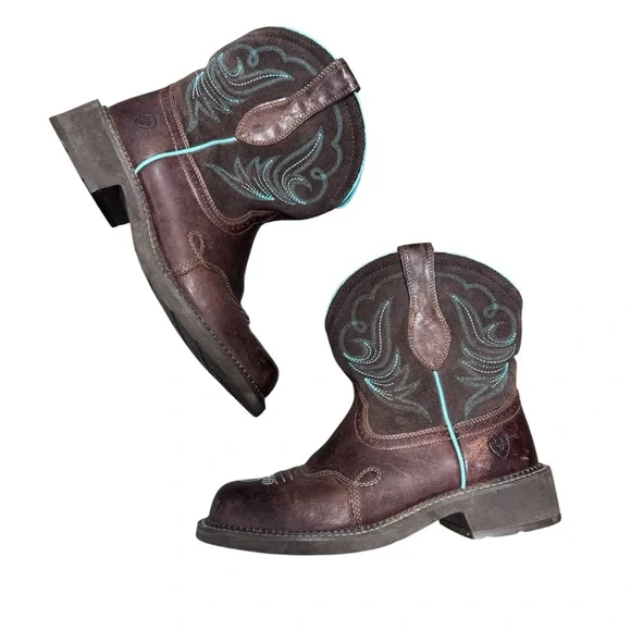 Ariat Brown Leather Western Heeled Boots with Turquoise Stitching - Picture 4 of 16